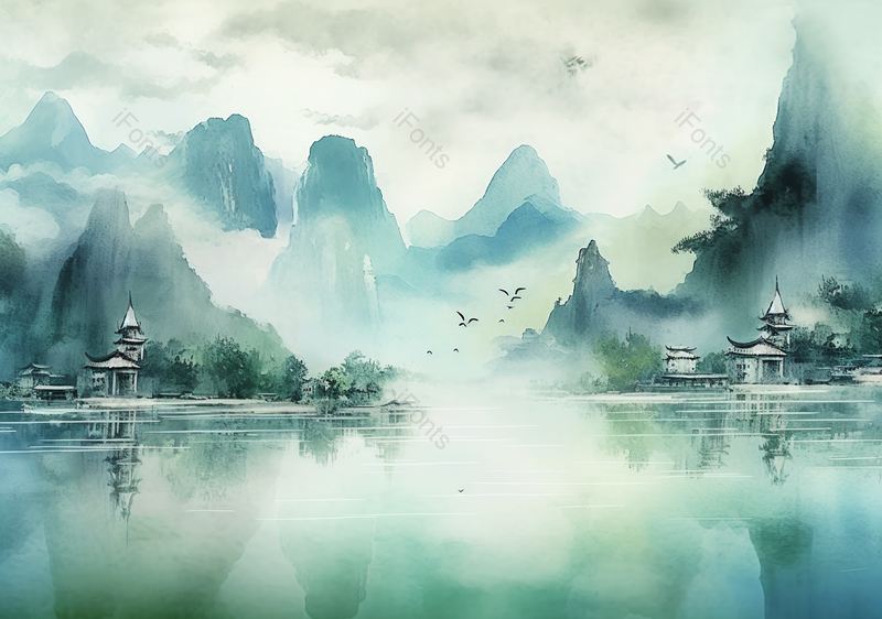 手绘国风意境远处的房屋建筑平静的湖泊水面倒影彩色的山水风景文艺插画,插画/手绘图,插画/手绘图库,插画/手绘图下载,插画/手绘